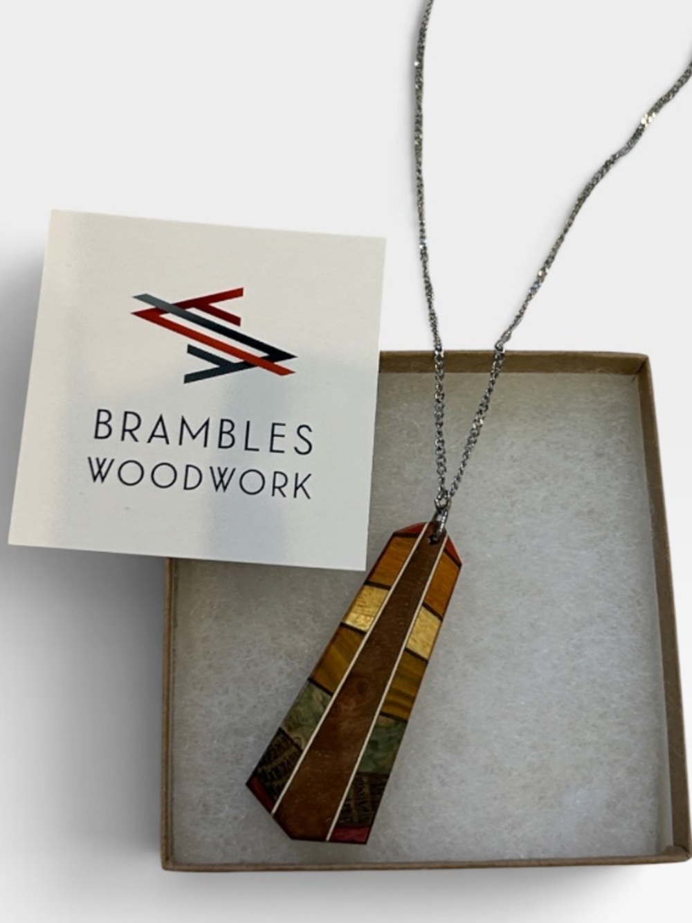Brambles Woodwork Geometric Inlay Pendant Necklace new with tags
